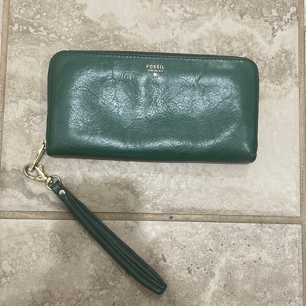 FOSSIL Sydney‎ Green Leather Zip Clutch Wallet Wristlet Organizer SL4265
